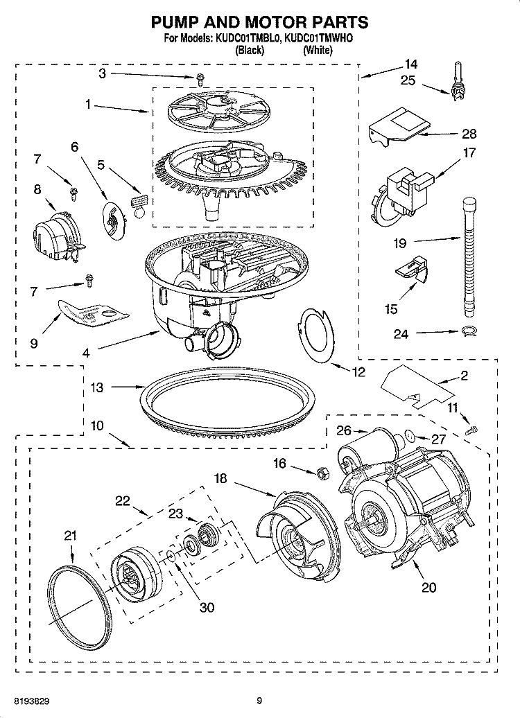 PUMP AND MOTOR PARTS Diagram and Parts List for KUDC01TMBL0  KitchenAid Dishwasher