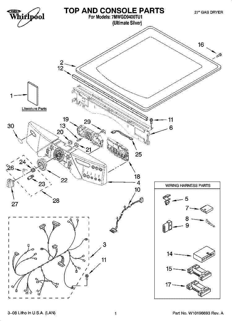 TOP AND CONSOLE PARTS Diagram and Parts List for 7MWGD9400TU1  Whirlpool Dryer