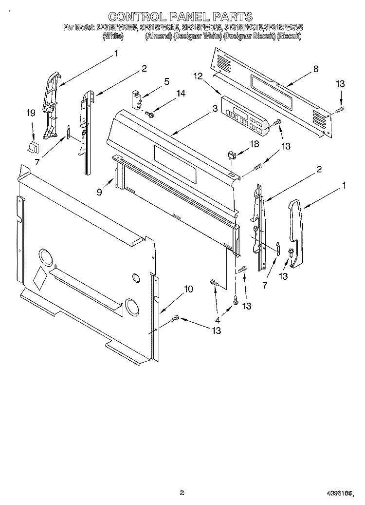 CONTROL PANEL Diagram and Parts List for SF315PEGN5  Whirlpool Range
