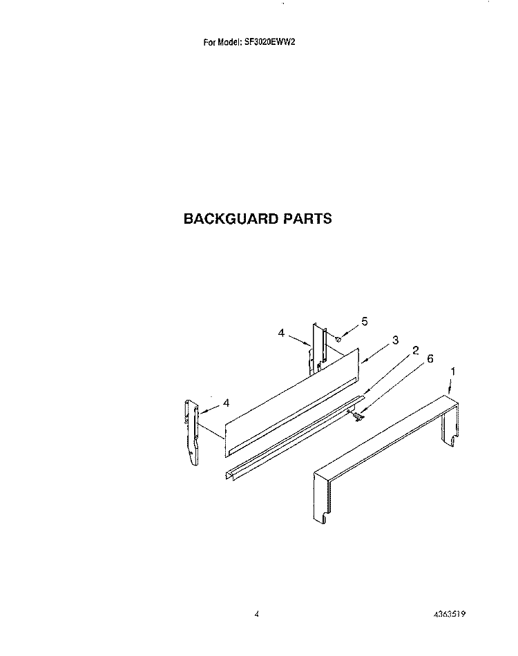 BACKGUARD Diagram and Parts List for SF3020EWW2  Whirlpool Range