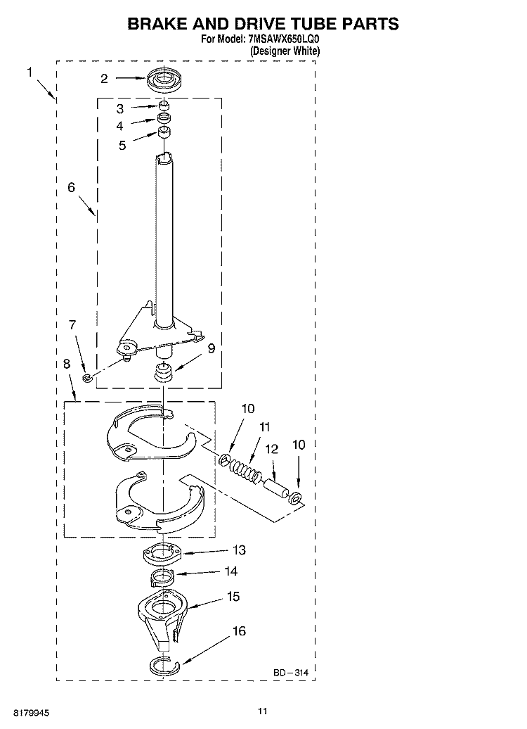 BRAKE, DRIVE TUBE PARTS Diagram and Parts List for 7MSAWX650LQ0  Whirlpool Washer