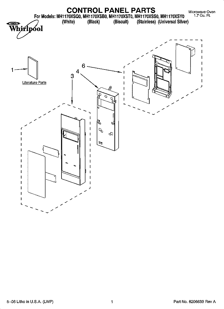 CONTROL PANEL PARTS Diagram and Parts List for MH1170XSB0  Whirlpool Microwave
