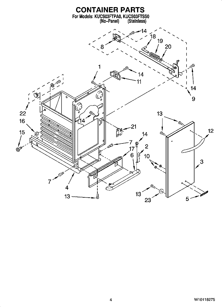 CONTAINER PARTS Diagram and Parts List for KUCS03FTSS0  KitchenAid Trash Compactor