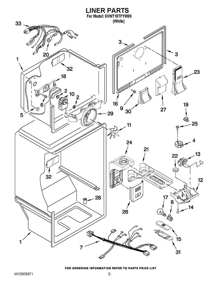 LINER PARTS Diagram and Parts List for 5VWT18TFYW00  Whirlpool Refrigerator