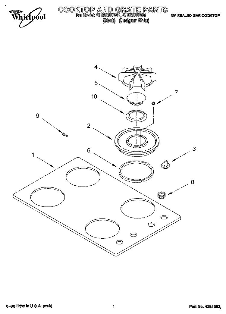 COOKTOP AND GRATE Diagram and Parts List for SC8830EBQ1  Whirlpool Cooktop