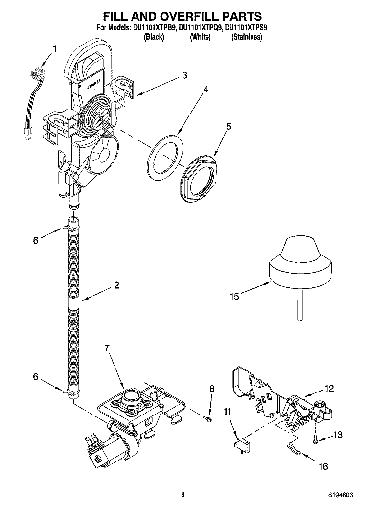 FILL AND OVERFILL PARTS Diagram and Parts List for DU1101XTPB9  Whirlpool Dishwasher