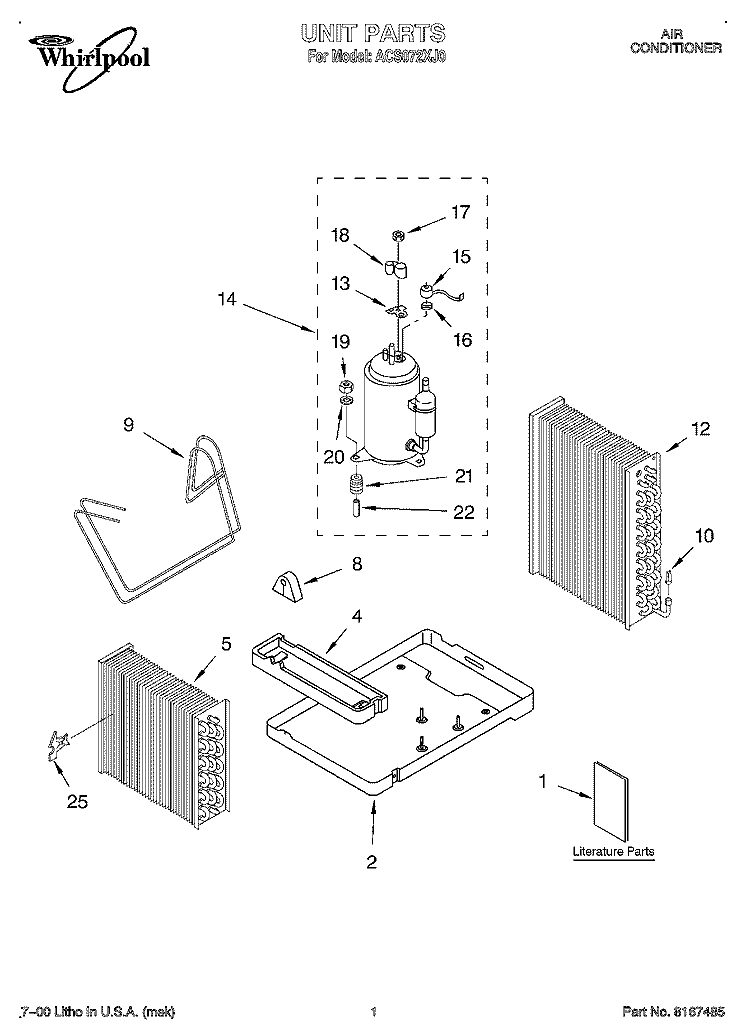 UNIT, LITERATURE Diagram and Parts List for ACS072XJ0  Whirlpool Air Conditioner