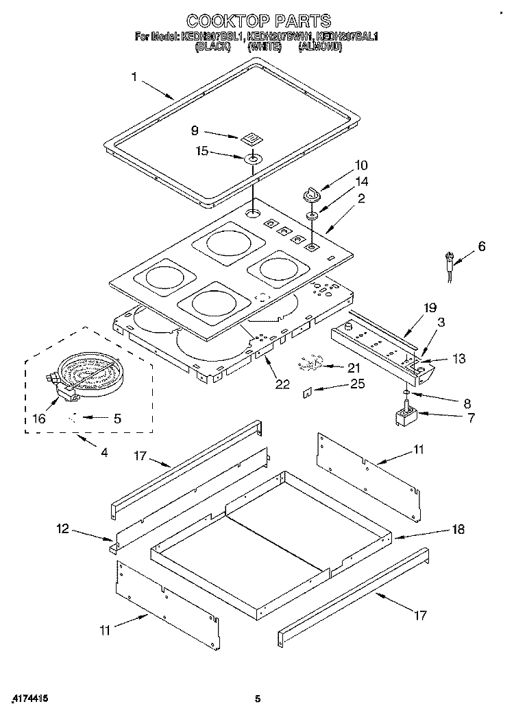 COOKTOP, OPTIONAL Diagram and Parts List for KEDH207BAL1  KitchenAid Range