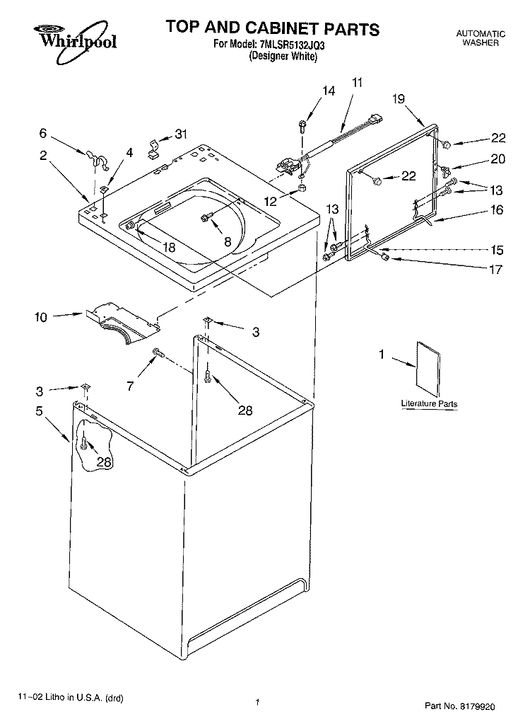 TOP AND CABINET, LITERATURE Diagram and Parts List for 7MLSR5132JQ3  Whirlpool Washer