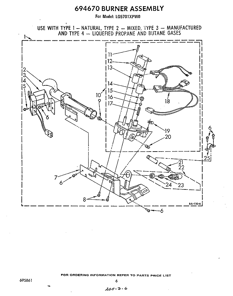 694670 BURNER Diagram and Parts List for LG5701XPW0  Whirlpool Dryer