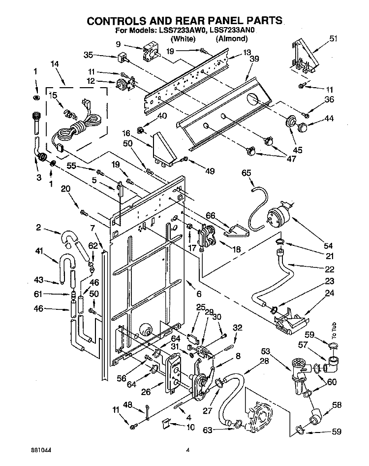 CONTROLS AND REAR PANEL Diagram and Parts List for LSS7233AN0  Whirlpool Washer
