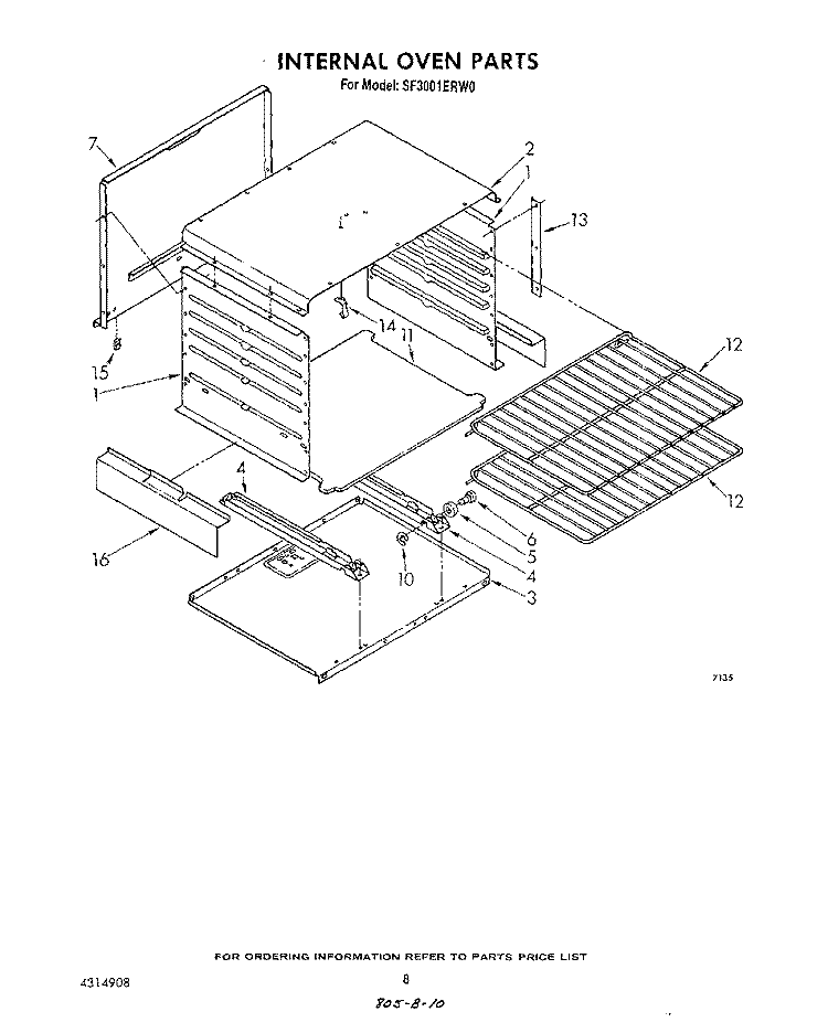 INTERNAL OVEN Diagram and Parts List for SF3001ERW0  Whirlpool Range