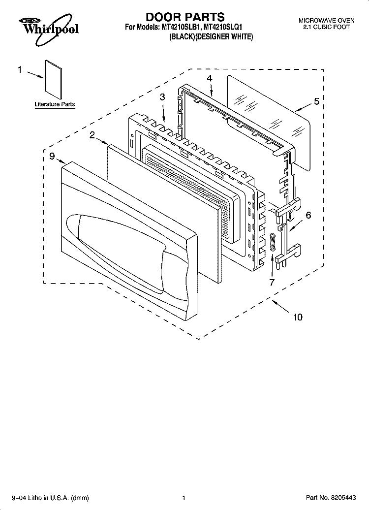 DOOR PARTS Diagram and Parts List for MT4210SLQ1  Whirlpool Microwave