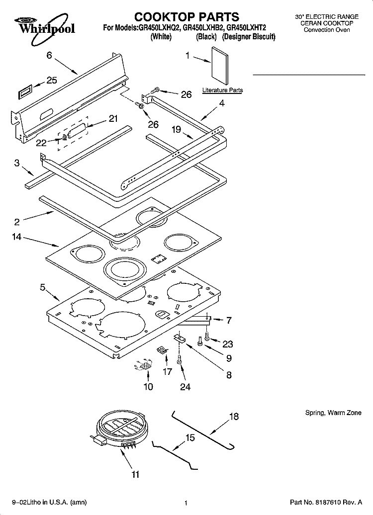 COOKTOP PARTS Diagram and Parts List for GR450LXHT2  Whirlpool Range