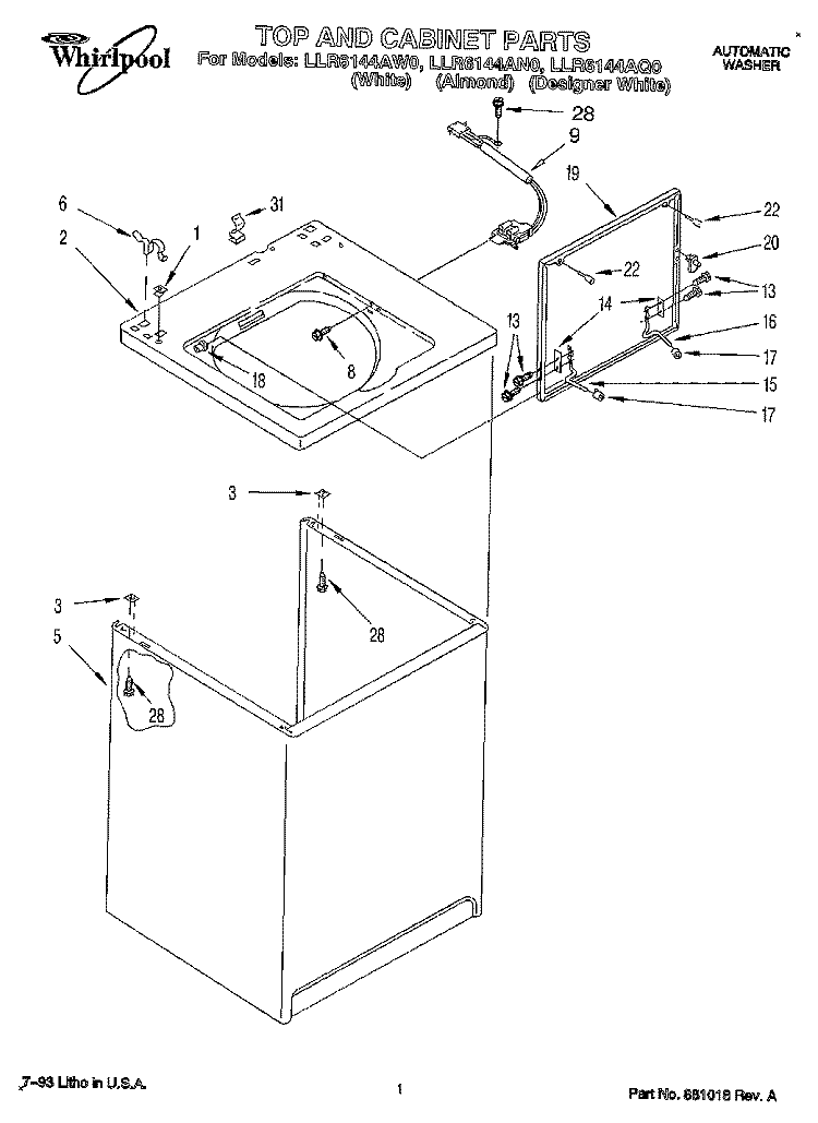 TOP AND CABINET, LITERATURE AND OPT Diagram and Parts List for LLR6144AN0  Whirlpool Washer