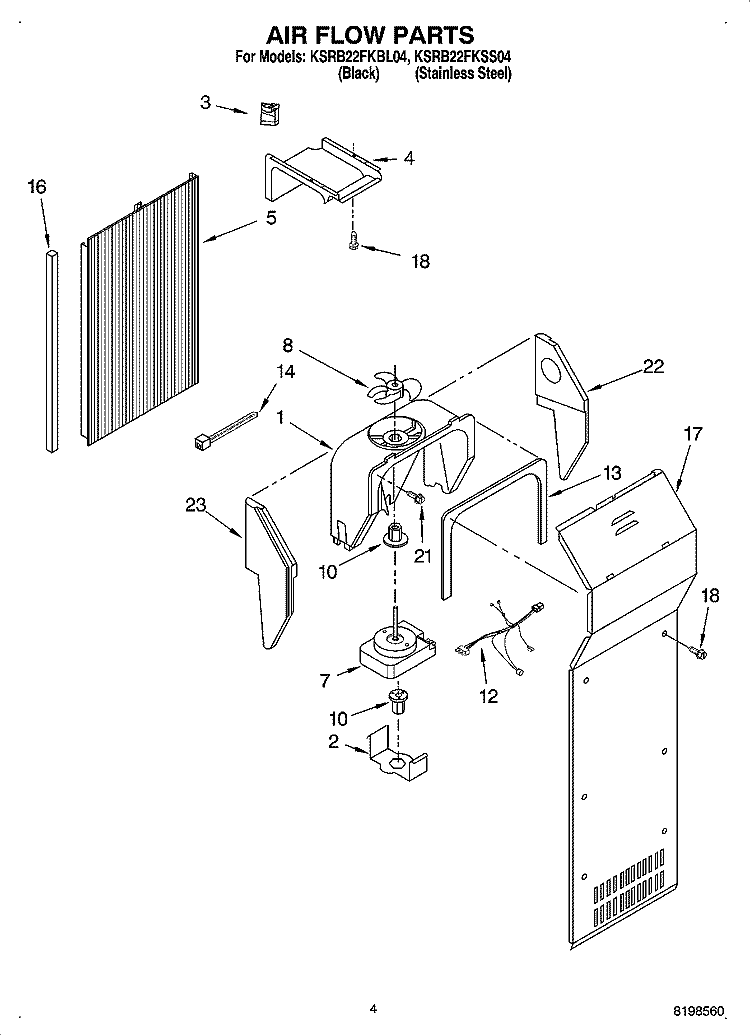 AIR FLOW PARTS Diagram and Parts List for KSRB22FKSS04  KitchenAid Refrigerator
