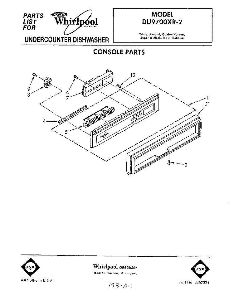 CONSOLE Diagram and Parts List for DU9700XR2  Whirlpool Dishwasher