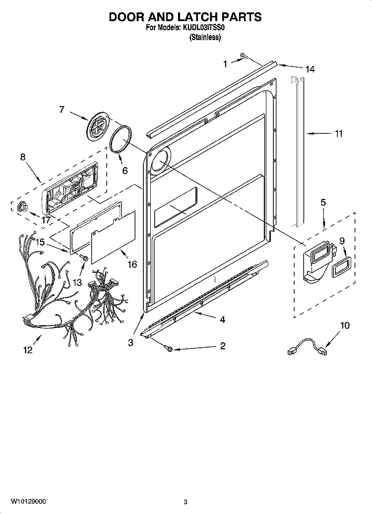 DOOR AND LATCH PARTS Diagram and Parts List for KUDL03ITSS0  KitchenAid Dishwasher