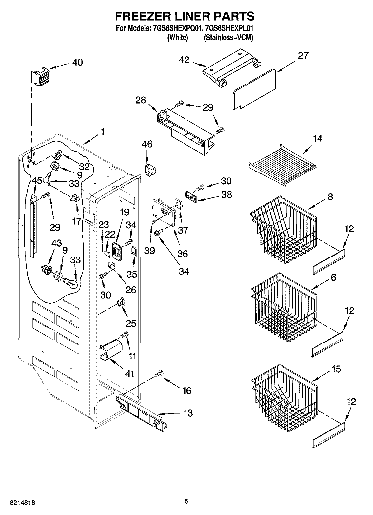 FREEZER LINER PARTS Diagram and Parts List for 7GS6SHEXPL01  Whirlpool Refrigerator