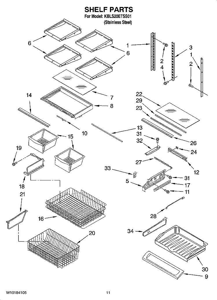 SHELF PARTS Diagram and Parts List for KBLS20ETSS01  KitchenAid Refrigerator