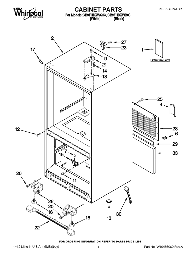 CABINET PARTS Diagram and Parts List for GB9FHDXWB03  Whirlpool Refrigerator
