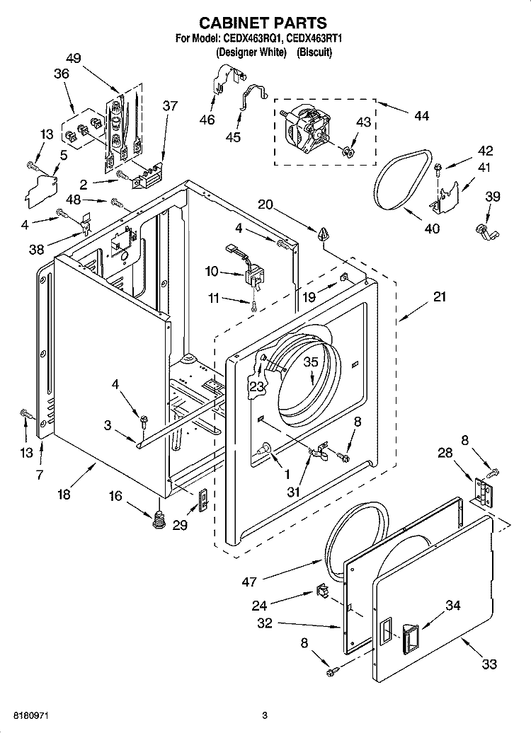 CABINET PARTS Diagram and Parts List for CEDX463RT1  Crosley Dryer
