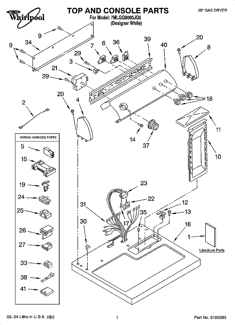 TOP AND CONSOLE PARTS Diagram and Parts List for 7MLGQ8000JQ5  Whirlpool Dryer