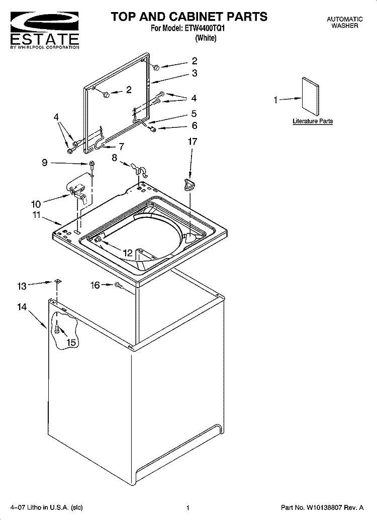 TOP AND CABINET PARTS Diagram and Parts List for ETW4400TQ1  Estate Washer