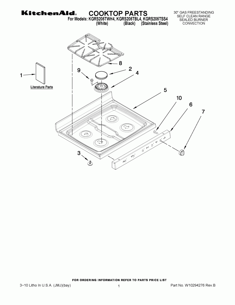 COOKTOP PARTS Diagram and Parts List for KGRS205TBL4  KitchenAid Range