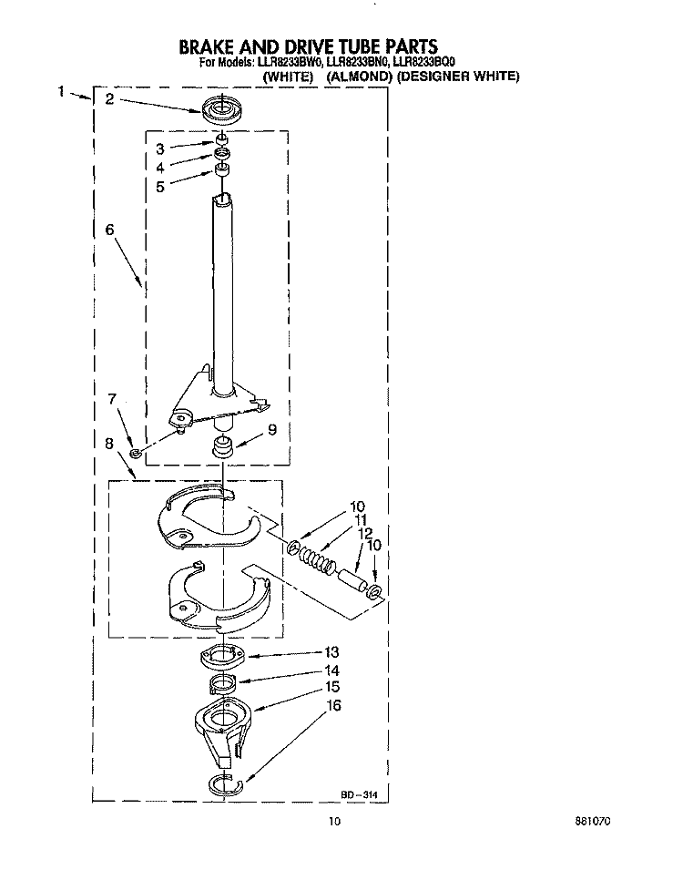 BRAKE AND DRIVE TUBE Diagram and Parts List for LLR8233BN0  Whirlpool Washer