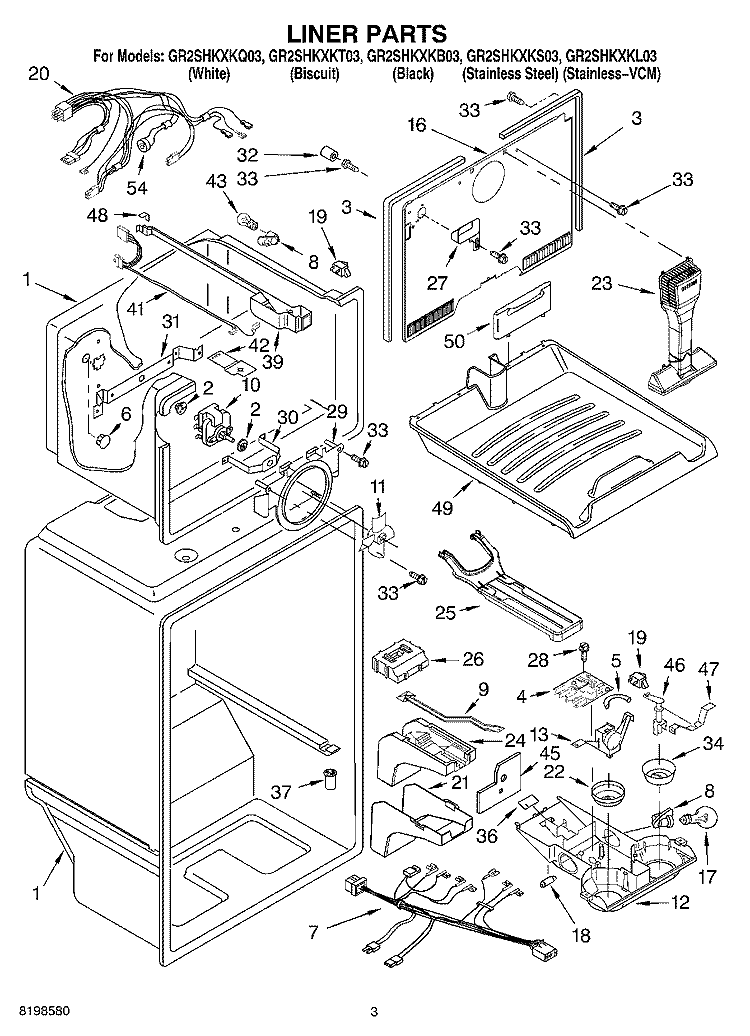LINER PARTS Diagram and Parts List for GR2SHKXKT03  Whirlpool Refrigerator