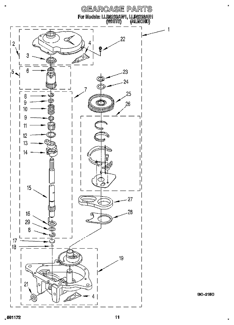 GEARCASE Diagram and Parts List for LLR6233AW1  Whirlpool Washer