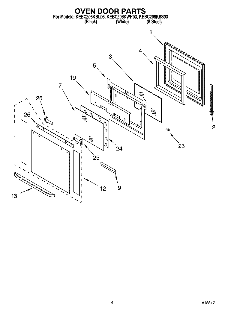 OVEN DOOR PARTS Diagram and Parts List for KEBC206KSS03  KitchenAid Wall Oven