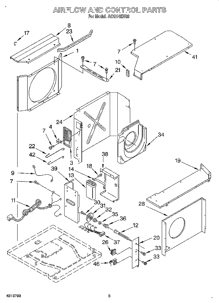 AIR FLOW AND CONTROL Diagram and Parts List for ACQ142XG0  Whirlpool Air Conditioner