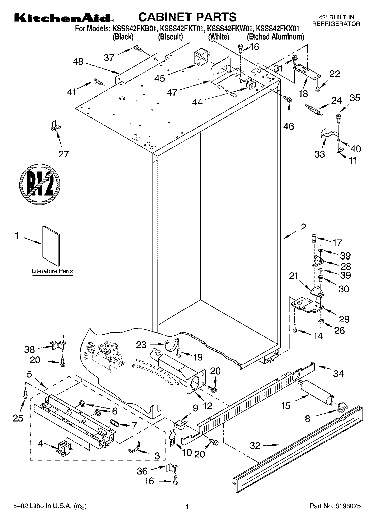 CABINET, LITERATURE Diagram and Parts List for KSSS42FKW01  KitchenAid Refrigerator