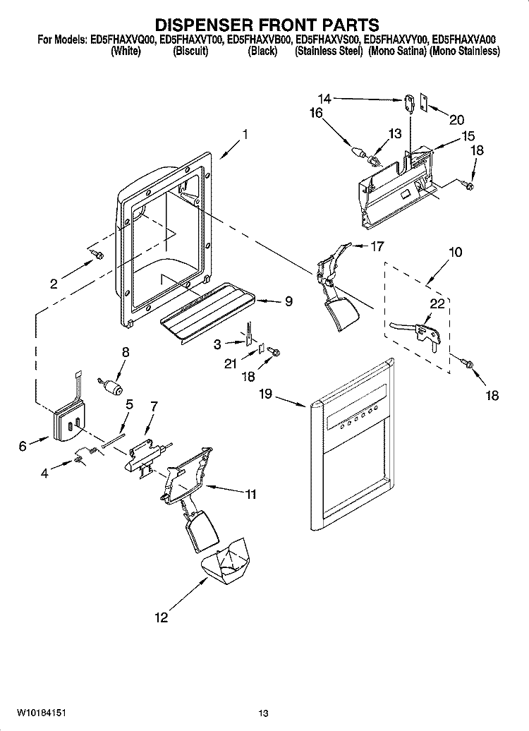 DISPENSER FRONT PARTS Diagram and Parts List for ED5FHAXVB00  Whirlpool Refrigerator