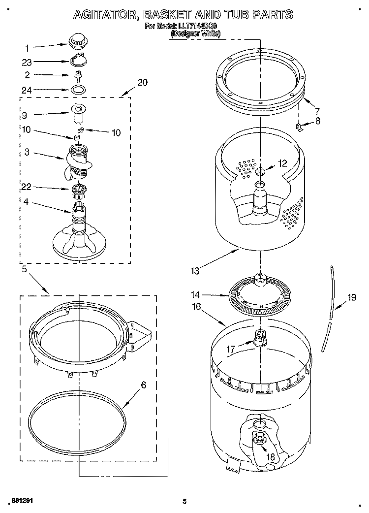 AGITATOR, BASKET AND TUB Diagram and Parts List for LLT7144DQ0  Whirlpool Washer