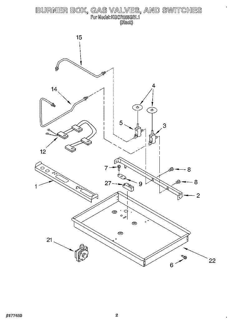 BURNER BOX, GAS VALVES, AND SWITCHES Diagram and Parts List for KGCR055GBL1  KitchenAid Cooktop