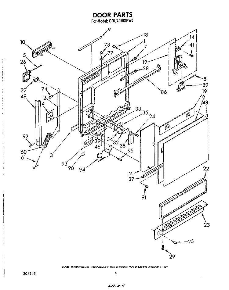 DOOR Diagram and Parts List for GDU4050XPW0  Whirlpool Dishwasher
