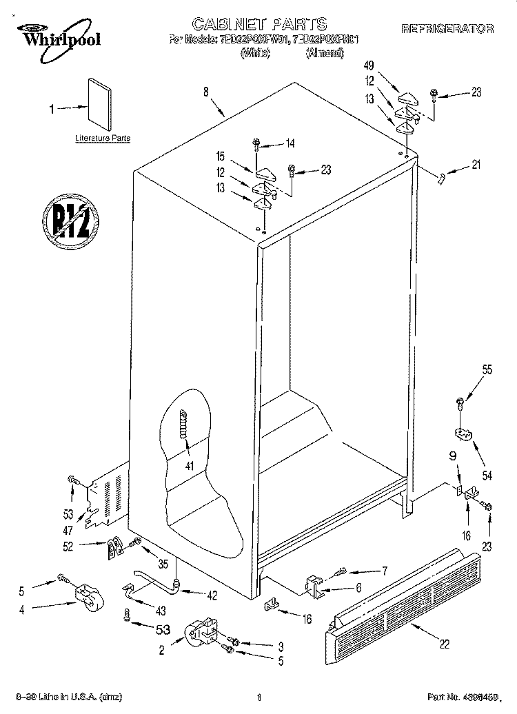 CABINET, LITERATURE Diagram and Parts List for 7ED22PQXFW01  Whirlpool Refrigerator