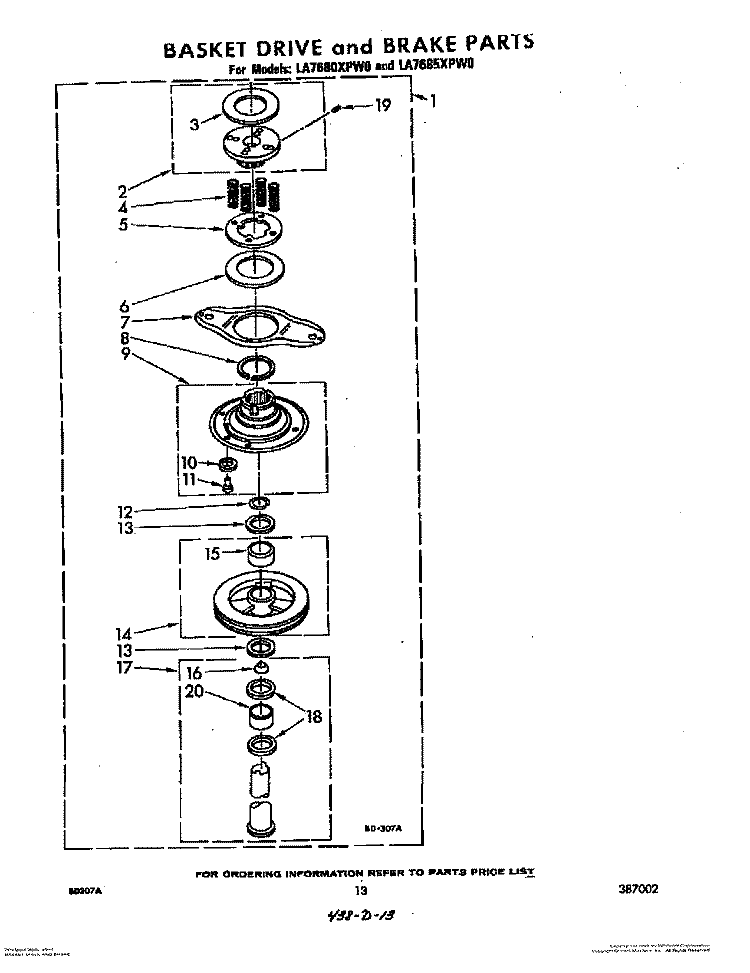 BASKET DRIVE AND BRAKE Diagram and Parts List for LA7685XPW0  Whirlpool Washer