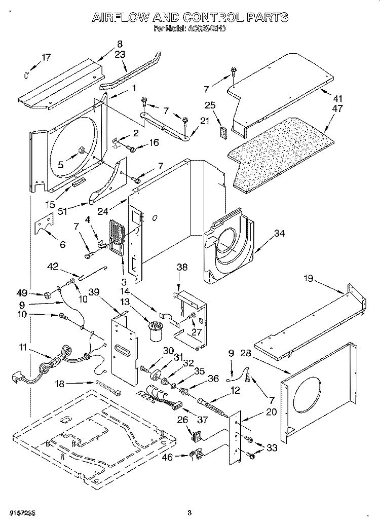 AIRFLOW AND CONTROL Diagram and Parts List for ACQ254XH0  Whirlpool Air Conditioner
