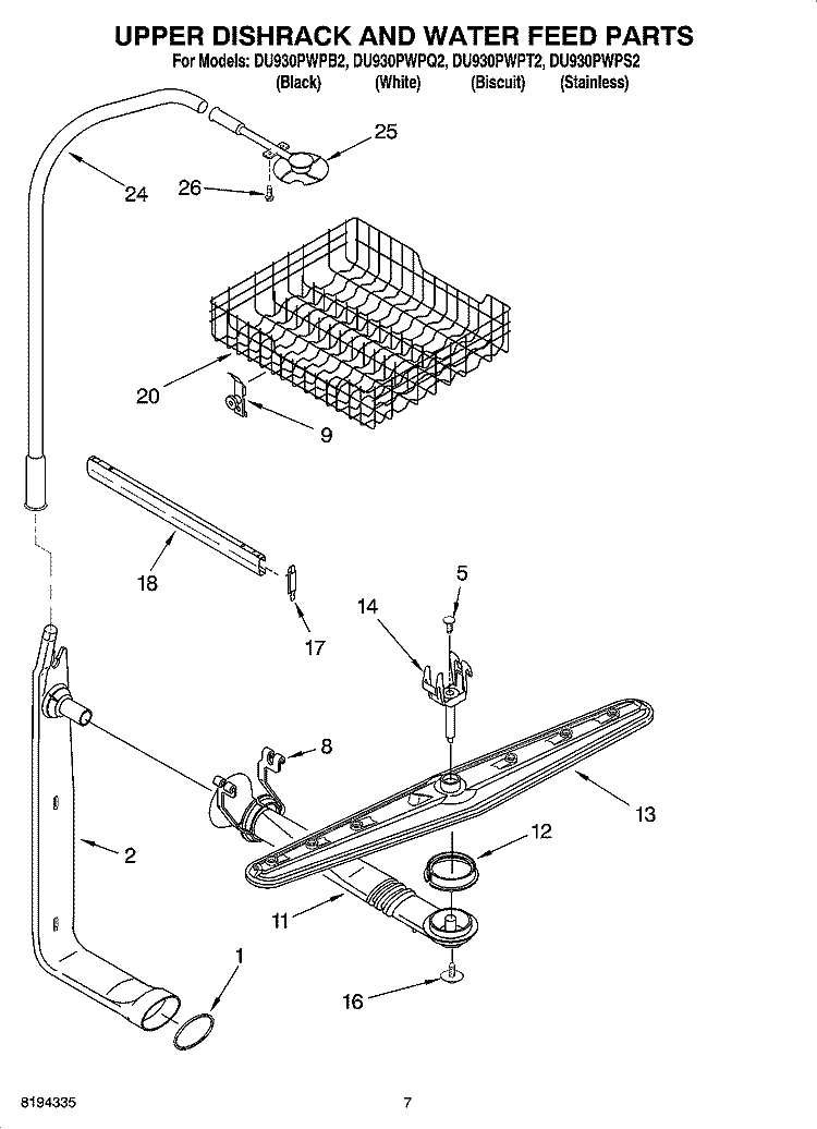 UPPER DISHRACK AND WATER FEED PARTS Diagram and Parts List for DU930PWPT2  Whirlpool Dishwasher
