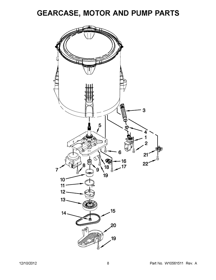 GEARCASE, MOTOR AND PUMP PARTS Diagram and Parts List for 3LWTW4740YQ1  Whirlpool Washer