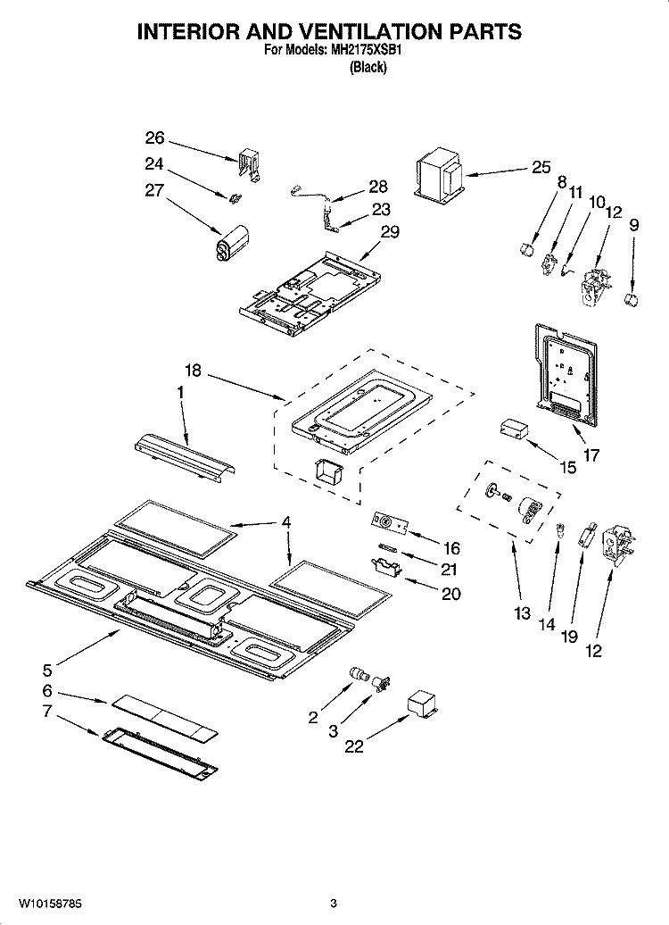 INTERIOR AND VENTILATION PARTS Diagram and Parts List for MH2175XSB1  Whirlpool Microwave