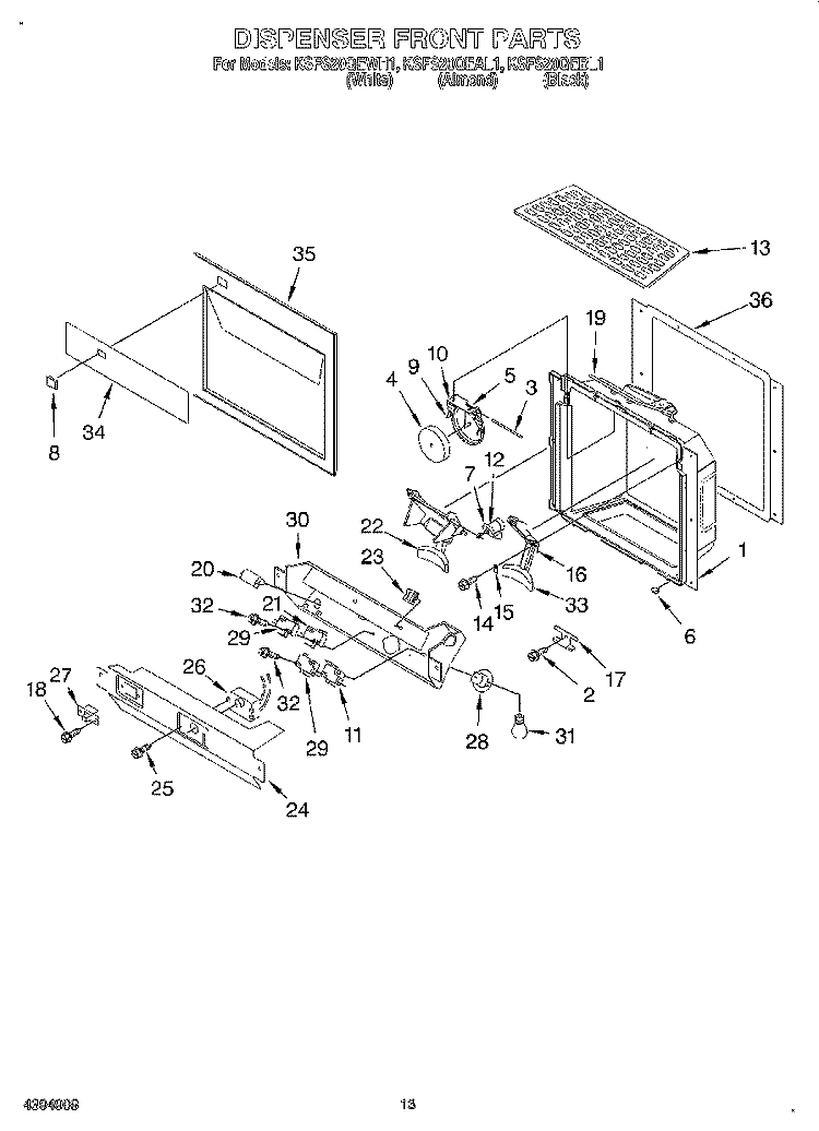 DISPENSER FRONT Diagram and Parts List for KSFS20QEAL1  KitchenAid Refrigerator