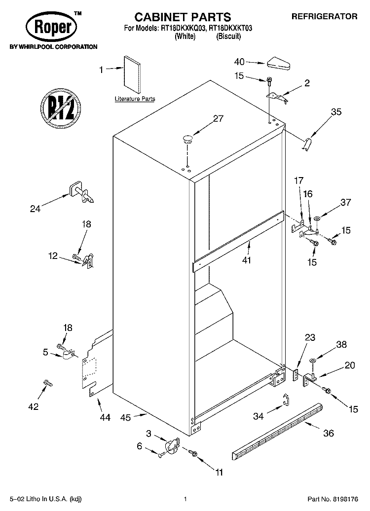 CABINET, LITERATURE Diagram and Parts List for RT18DKXKQ03  Roper Refrigerator