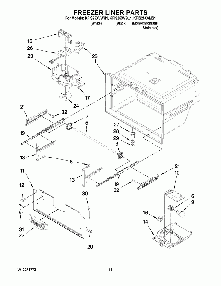 FREEZER LINER PARTS Diagram and Parts List for KFIS25XVMS1  KitchenAid Refrigerator