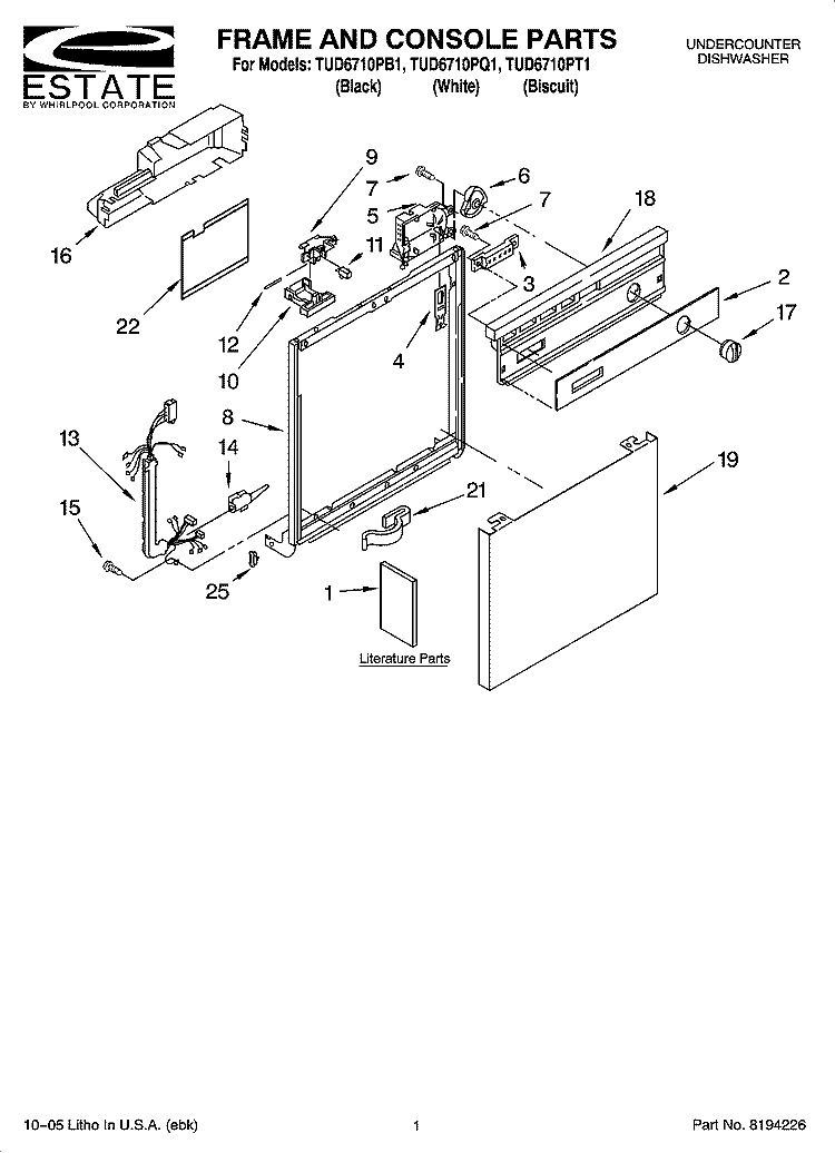 FRAME AND CONSOLE PARTS Diagram and Parts List for TUD6710PQ1  Estate Dishwasher