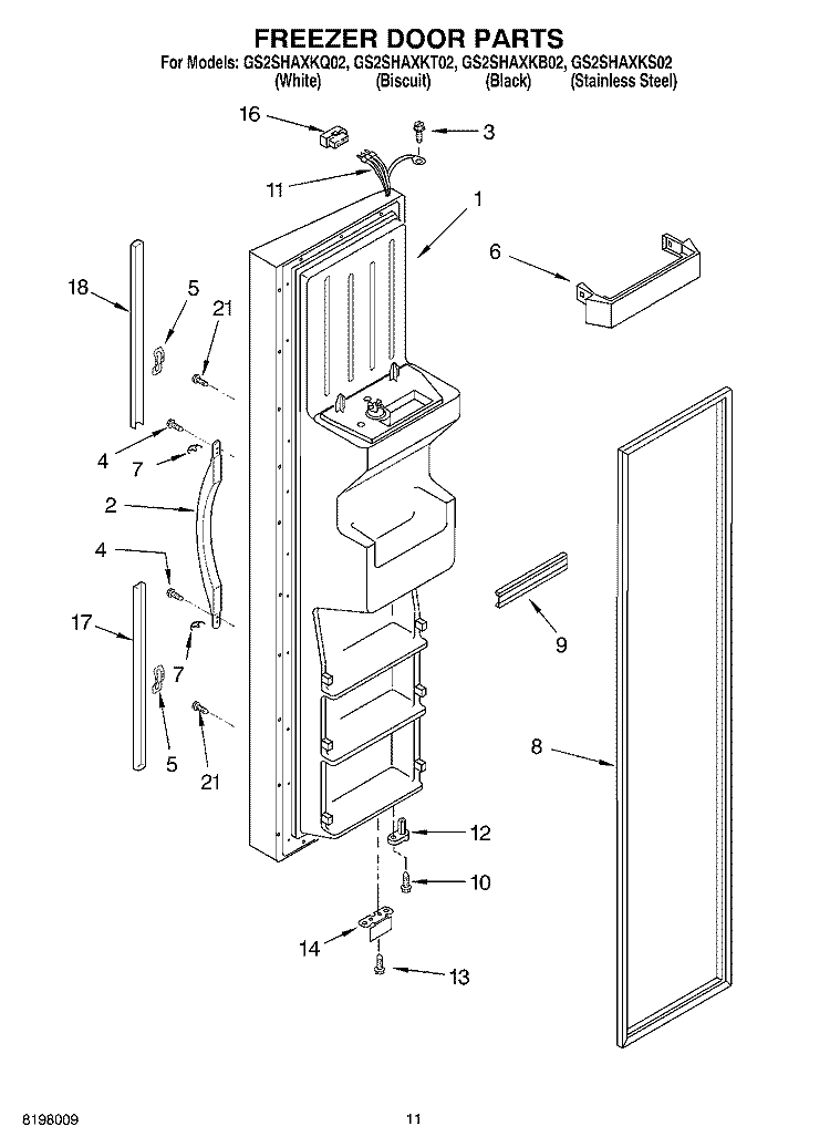 FREEZER DOOR PARTS Diagram and Parts List for GS2SHAXKT02  Whirlpool Refrigerator